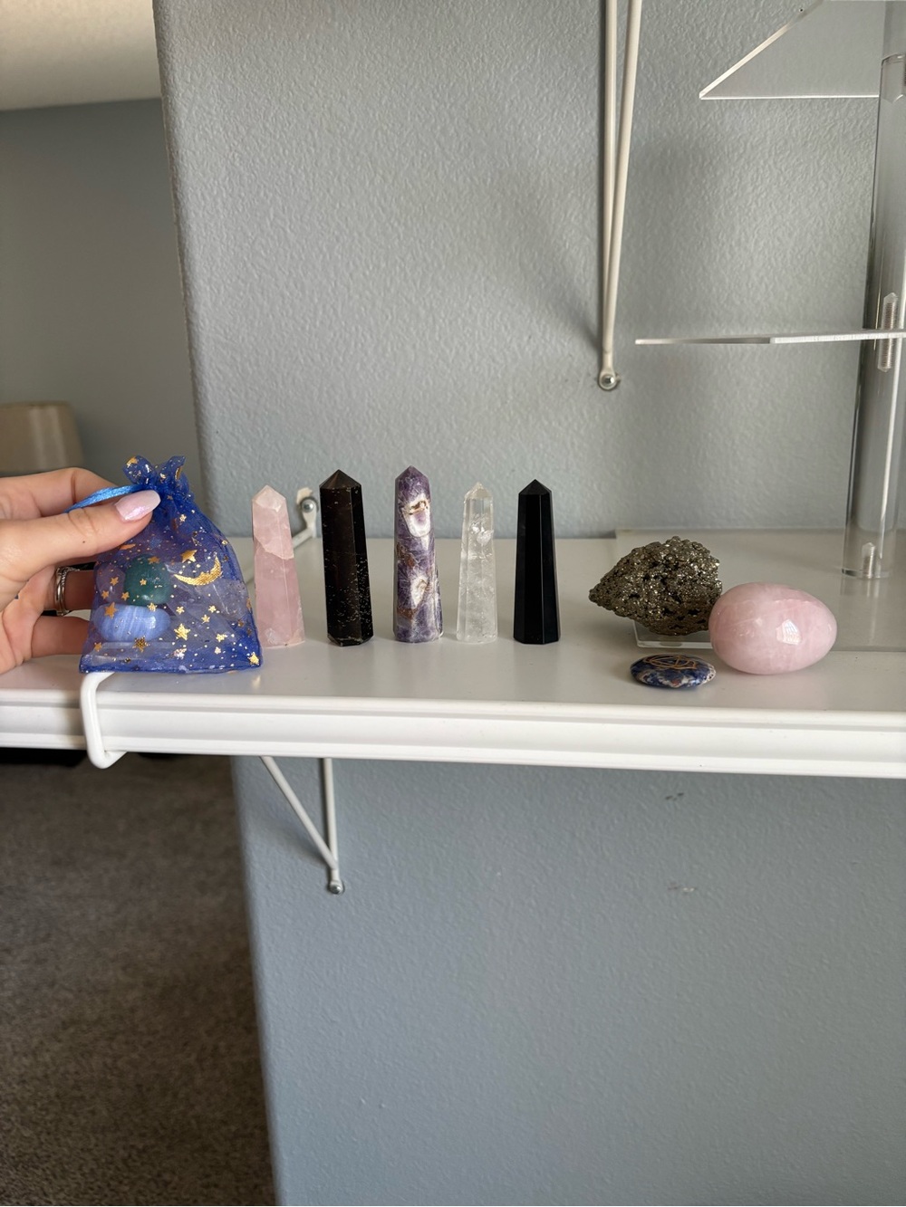 Assorted Crystal Point and Palm Stone Set - Rose, Clear, Black, Purple